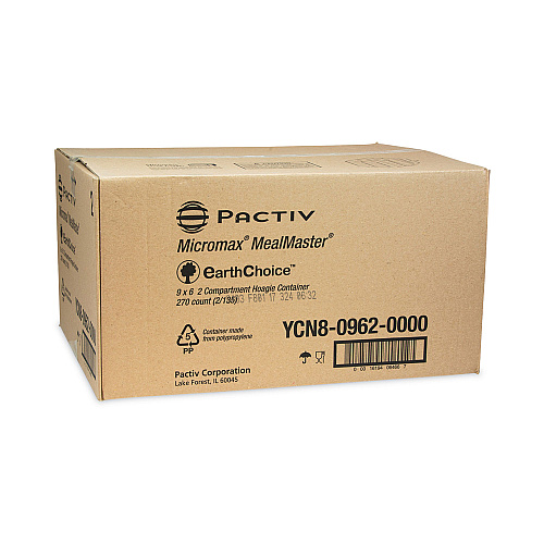 Pactiv EarthChoice SmartLock Microwavable MFPP Hinged Lid Container, 2-Compartment, 9 x 6 x 3, White, Plastic, 270/Carton (YCN809620000)