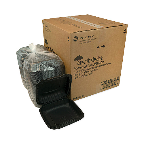 Pactiv EarthChoice SmartLock Microwavable MFPP Hinged Lid Container, 8.31 x 8.35 x 3.1, Black, Plastic, 200/Carton (YCNB08010000)