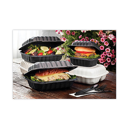 Pactiv EarthChoice SmartLock Microwavable MFPP Hinged Lid Container, 8.31 x 8.35 x 3.1, Black, Plastic, 200/Carton (YCNB08010000)