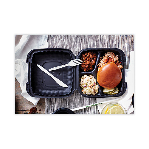 Pactiv EarthChoice SmartLock Microwavable MFPP Hinged Lid Container, 3-Compartment, 8.3 x 8.3 x 3.4, Black, Plastic, 200/Carton (YCNB08030000)