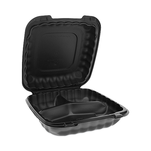 Pactiv EarthChoice SmartLock Microwavable MFPP Hinged Lid Container, 3-Compartment, 9.33 x 8.88 x 3.1, Black, Plastic, 120/Carton (YCNB09030000)