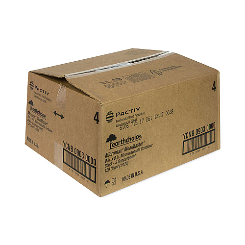 Pactiv EarthChoice SmartLock Microwavable MFPP Hinged Lid Container, 3-Compartment, 9.33 x 8.88 x 3.1, Black, Plastic, 120/Carton (YCNB09030000)