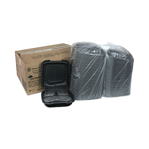 Pactiv EarthChoice SmartLock Microwavable MFPP Hinged Lid Container, 3-Compartment, 9.33 x 8.88 x 3.1, Black, Plastic, 120/Carton (YCNB09030000)