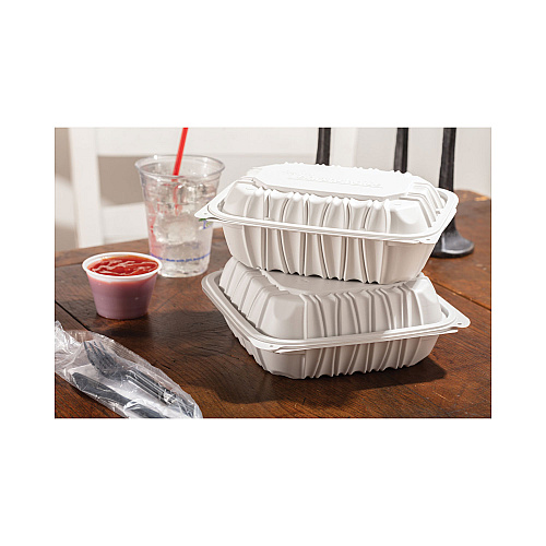 Pactiv EarthChoice Vented Microwavable MFPP Hinged Lid Container, 9 x 6 x 2.75, White, Plastic, 170/Carton (YCNW0207)