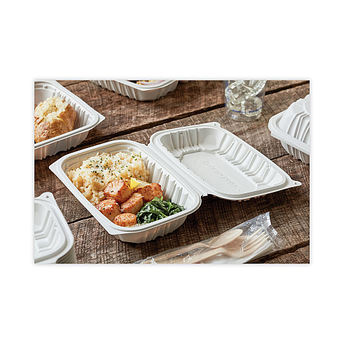 Pactiv EarthChoice Vented Microwavable MFPP Hinged Lid Container, 9 x 6 x 2.75, White, Plastic, 170/Carton (YCNW0207)