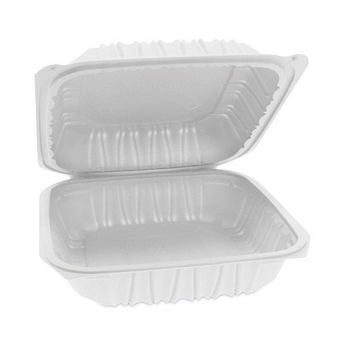 Pactiv EarthChoice Vented Microwavable MFPP Hinged Lid Container, 8.5 x 8.5 x 3.1, White, Plastic, 146/Carton (YCNW0851)
