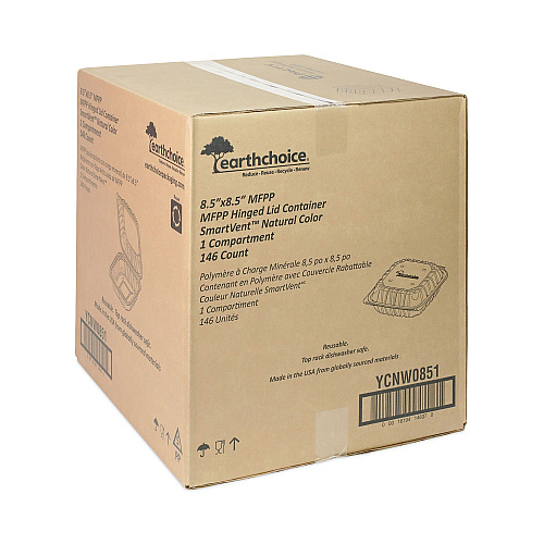 Pactiv EarthChoice Vented Microwavable MFPP Hinged Lid Container, 8.5 x 8.5 x 3.1, White, Plastic, 146/Carton (YCNW0851)