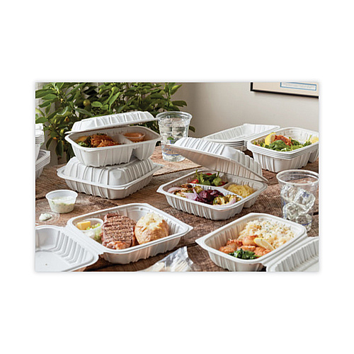 Pactiv EarthChoice Vented Microwavable MFPP Hinged Lid Container, 8.5 x 8.5 x 3.1, White, Plastic, 146/Carton (YCNW0851)
