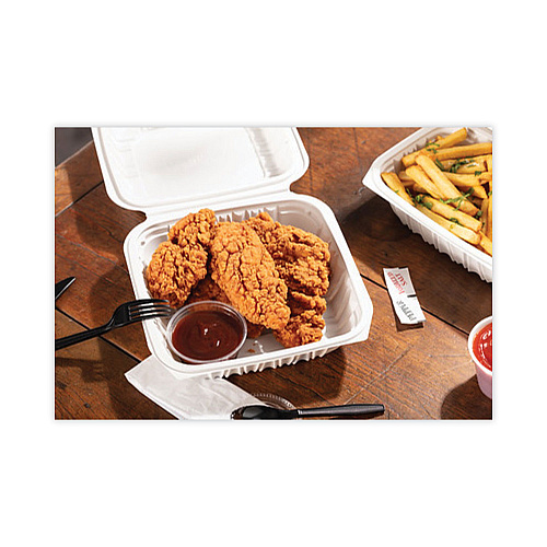Pactiv EarthChoice Vented Microwavable MFPP Hinged Lid Container, 8.5 x 8.5 x 3.1, White, Plastic, 146/Carton (YCNW0851)