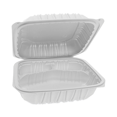 Pactiv EarthChoice Vented Microwavable MFPP Hinged Lid Container, 3-Compartment, 8.5 x 8.5 x 3.1, White, Plastic, 146/Carton (YCNW0853)