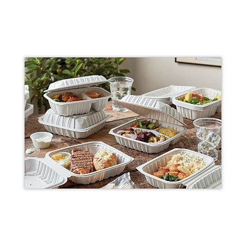 Pactiv EarthChoice Vented Microwavable MFPP Hinged Lid Container, 3-Compartment, 8.5 x 8.5 x 3.1, White, Plastic, 146/Carton (YCNW0853)