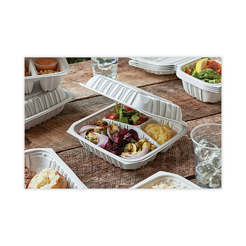 Pactiv EarthChoice Vented Microwavable MFPP Hinged Lid Container, 3-Compartment, 8.5 x 8.5 x 3.1, White, Plastic, 146/Carton (YCNW0853)