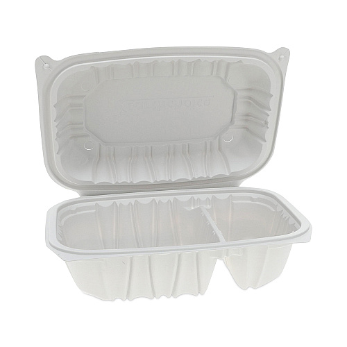 Pactiv EarthChoice Vented Microwavable MFPP Hinged Lid Container, 2-Compartment, 9 x 6 x 3.1, White, Plastic, 170/Carton (YCNW02052)