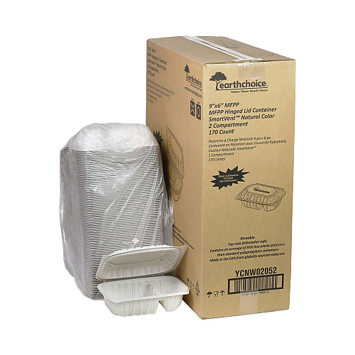 Pactiv EarthChoice Vented Microwavable MFPP Hinged Lid Container, 2-Compartment, 9 x 6 x 3.1, White, Plastic, 170/Carton (YCNW02052)