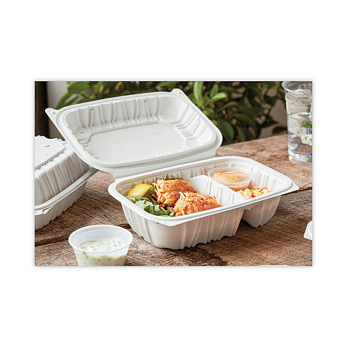 Pactiv EarthChoice Vented Microwavable MFPP Hinged Lid Container, 2-Compartment, 9 x 6 x 3.1, White, Plastic, 170/Carton (YCNW02052)