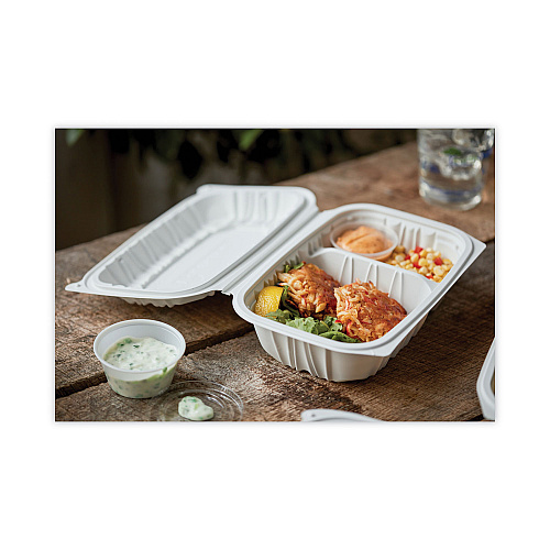 Pactiv EarthChoice Vented Microwavable MFPP Hinged Lid Container, 2-Compartment, 9 x 6 x 3.1, White, Plastic, 170/Carton (YCNW02052)