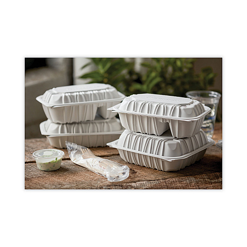 Pactiv EarthChoice Vented Microwavable MFPP Hinged Lid Container, 2-Compartment, 9 x 6 x 3.1, White, Plastic, 170/Carton (YCNW02052)