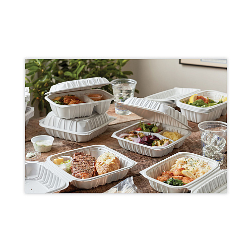 Pactiv EarthChoice Vented Microwavable MFPP Hinged Lid Container, 2-Compartment, 9 x 6 x 3.1, White, Plastic, 170/Carton (YCNW02052)