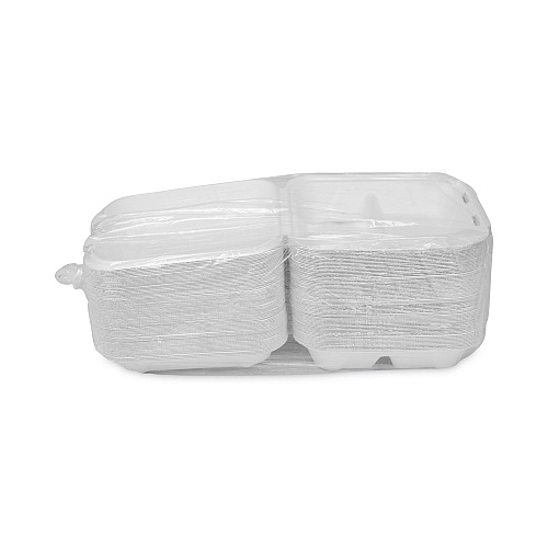 Pactiv EarthChoice Bagasse Hinged Lid Container, 3-Compartment, Dual Tab Lock, 7.8 x 7.8 x 2.8, Natural, Sugarcane, 150/Carton (YMCH08030001)