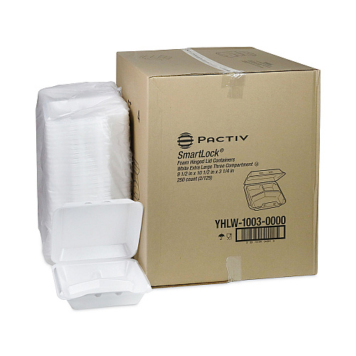 Pactiv SmartLock Foam Hinged Lid Container, X-Large, 3-Compartment, 9.5 x 10.5 x 3.25, White, 250/Carton (YHLW10030000)