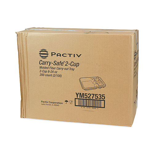 Pactiv EarthChoice Carry-Safe Beverage Carrier, Two-Cup Carrier with Food Tray, 8 oz to 24 oz, Natural, 200/Carton (YM527535)