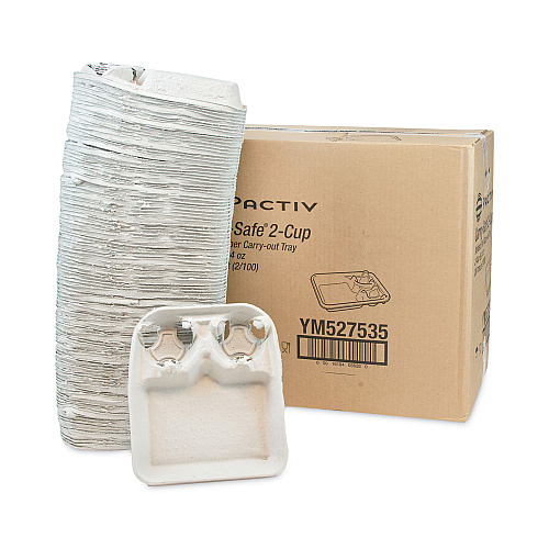 Pactiv EarthChoice Carry-Safe Beverage Carrier, Two-Cup Carrier with Food Tray, 8 oz to 24 oz, Natural, 200/Carton (YM527535)