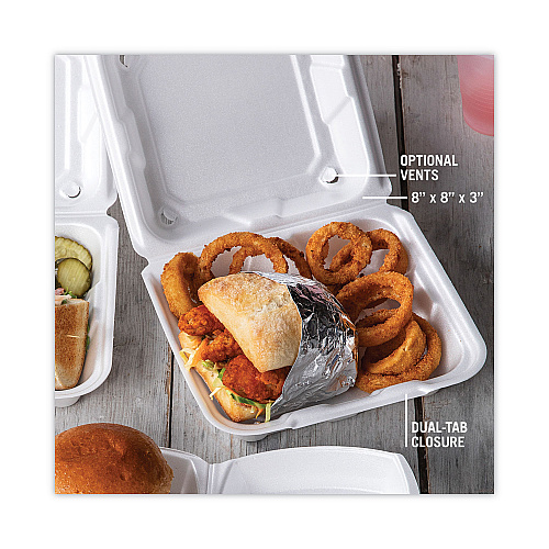 Pactiv Vented Foam Hinged Lid Container, Dual Tab Lock, 8.42 x 8.15 x 3, White, 150/Carton (YTD188010000)