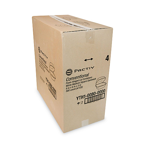 Pactiv Foam Hinged Lid Container, Single Tab Lock, 6.38 x 6.38 x 3, White, 500/Carton (YTH100800000)