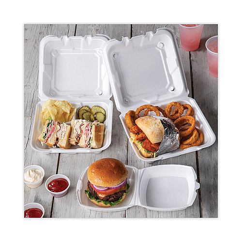 Pactiv Foam Hinged Lid Container, Single Tab Lock, 6.38 x 6.38 x 3, White, 500/Carton (YTH100800000)