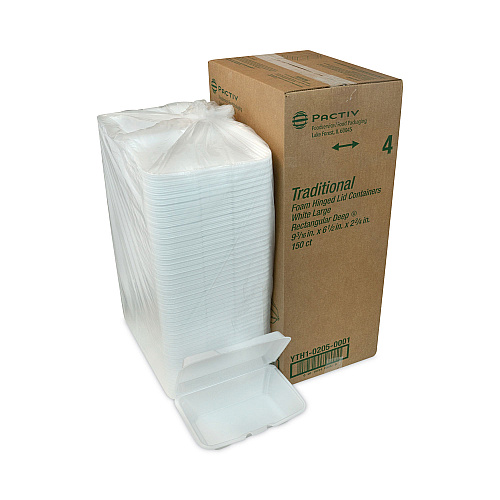 Pactiv Foam Hinged Lid Container, Single Tab Lock #205 Utility, 9.19 x 6.5 x 2.75, White, 150/Carton (YTH102050001)