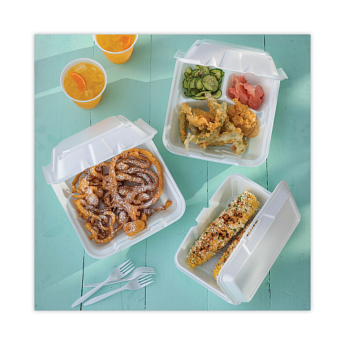 Pactiv Foam Hinged Lid Container, Single Tab Lock #205 Utility, 9.19 x 6.5 x 2.75, White, 150/Carton (YTH102050001)
