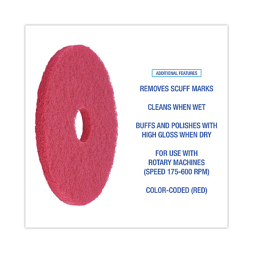 Boardwalk Buffing Floor Pads, 15" Diameter, Red, 5/Carton (BWK4015RED)