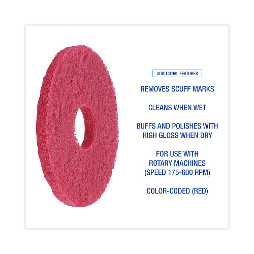 Boardwalk&reg; Standard 12" Diameter Buffing Floor Pads, Red, 5 Pads (BWK4012RED)