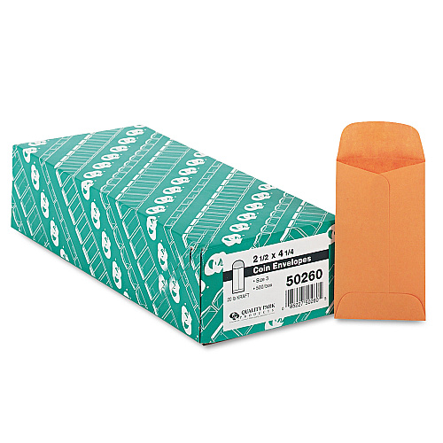 Quality Park Kraft Coin and Small Parts Envelope, #3, Round Flap, Gummed Closure, 2.5 x 4.25, Brown Kraft, 500/Box (50260)