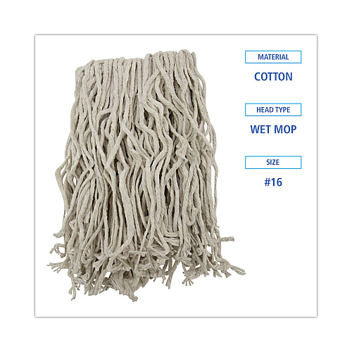 Boardwalk&reg; Cut-End Cotton Mop Head, White, 4-Ply, #16 Band, 12 Mops (BWKCM02016S)