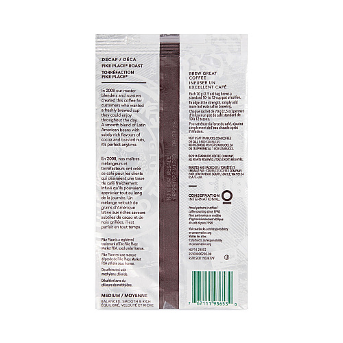 Starbucks Coffee, Pike Place Decaf, 2.7 oz Packet, 72/Carton (11023061CT)
