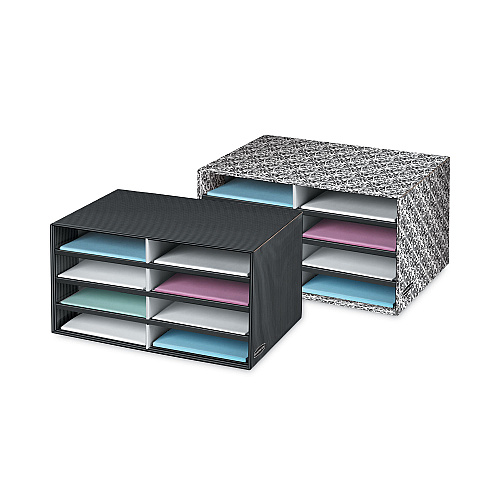 Bankers Box Decorative Sorter, 8 Letter Compartments, 19.5 x 12.38 x 10.25, Black/White Brocade (6171301)