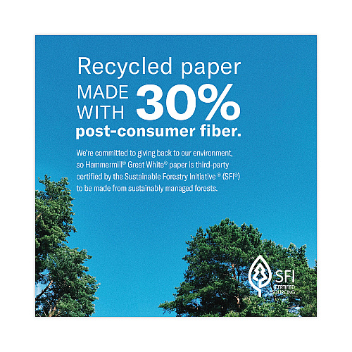 Hammermill Great White 30 Recycled Print Paper, 92 Bright, 20 lb Bond Weight, 8.5 x 11, White, 500 Sheets/Ream, 5 Reams/Carton (86710)