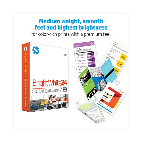 HP Brightwhite24 Paper, 100 Bright, 24 lb Bond Weight, 8.5 x 11, Bright White, 500/Ream (203000)