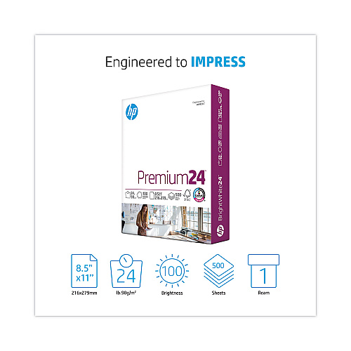 HP Premium24 Paper, 98 Bright, 24 lb Bond Weight, 8.5 x 11, Ultra White, 500/Ream (112400)
