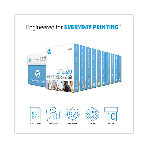 HP Office20 Paper, 92 Bright, 20 lb Bond Weight, 8.5 x 11, White, 500 Sheets/Ream, 10 Reams/Carton (112101)