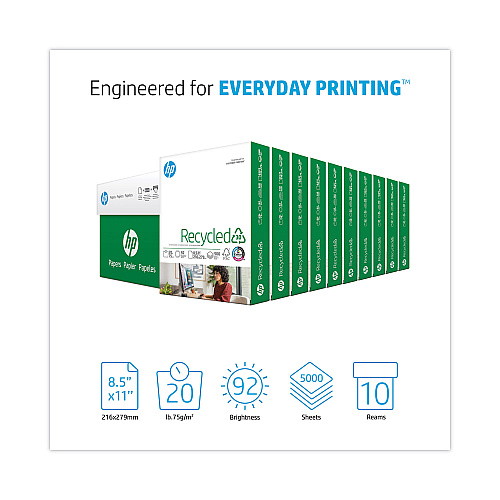 HP Recycled30 Paper, 92 Bright, 20 lb Bond Weight, 8.5 x 11, White, 500 Sheets/Ream, 10 Reams/Carton (112100)
