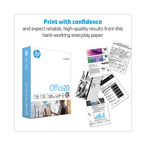 HP Office20 Paper, 92 Bright, 20 lb Bond Weight, 8.5 x 11, White, 500 Sheets/Ream, 5 Reams/Carton (172160)