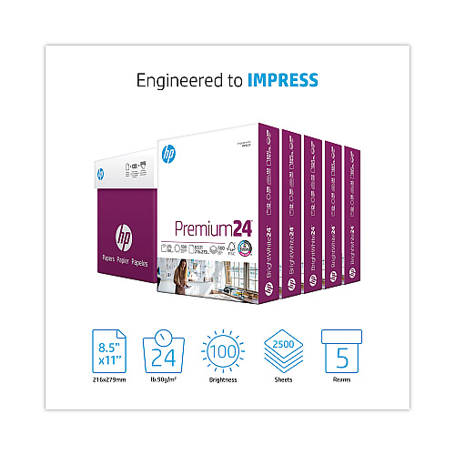 HP Premium24 Paper, 98 Bright, 24 lb Bond Weight, 8.5 x 11, Ultra White, 500 Sheets/Ream, 5 Reams/Carton (115300)