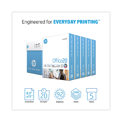 HP Office20 Paper, 92 Bright, 20 lb Bond Weight, 8.5 x 11, White, 500 Sheets/Ream, 5 Reams/Carton (172160)