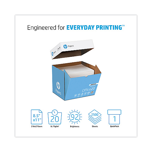 HP Office20 Paper, 92 Bright, 20 lb Bond Weight, 8.5 x 11, White, 2, 500/Carton (112103)
