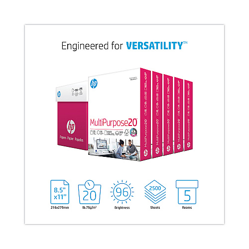 HP MultiPurpose20 Paper, 96 Bright, 20 lb Bond Weight, 8.5 x 11, White, 500 Sheets/Ream, 5 Reams/Carton (115100)