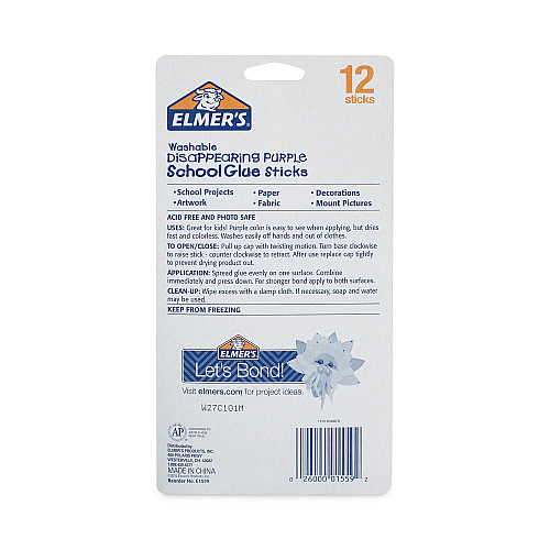 Elmer's Disappearing Purple School Glue Stick, 0.21 oz, Dries Clear, 12/Pack (E1559)