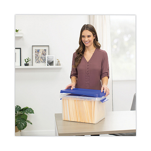 Bankers Box Latch Lid Storage Bin, 22.38" x 14.19" x 10.63", Clear/Blue (86101)