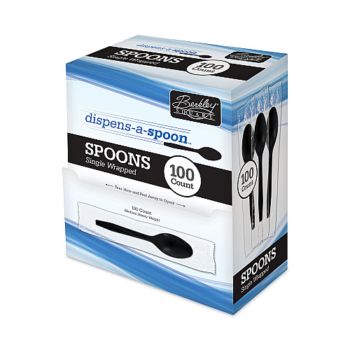 Berkley Square Dispens-a Spoon, Individually Wrapped, Mediumweight, Teaspoons, Black, 100/Box (BEP90206)